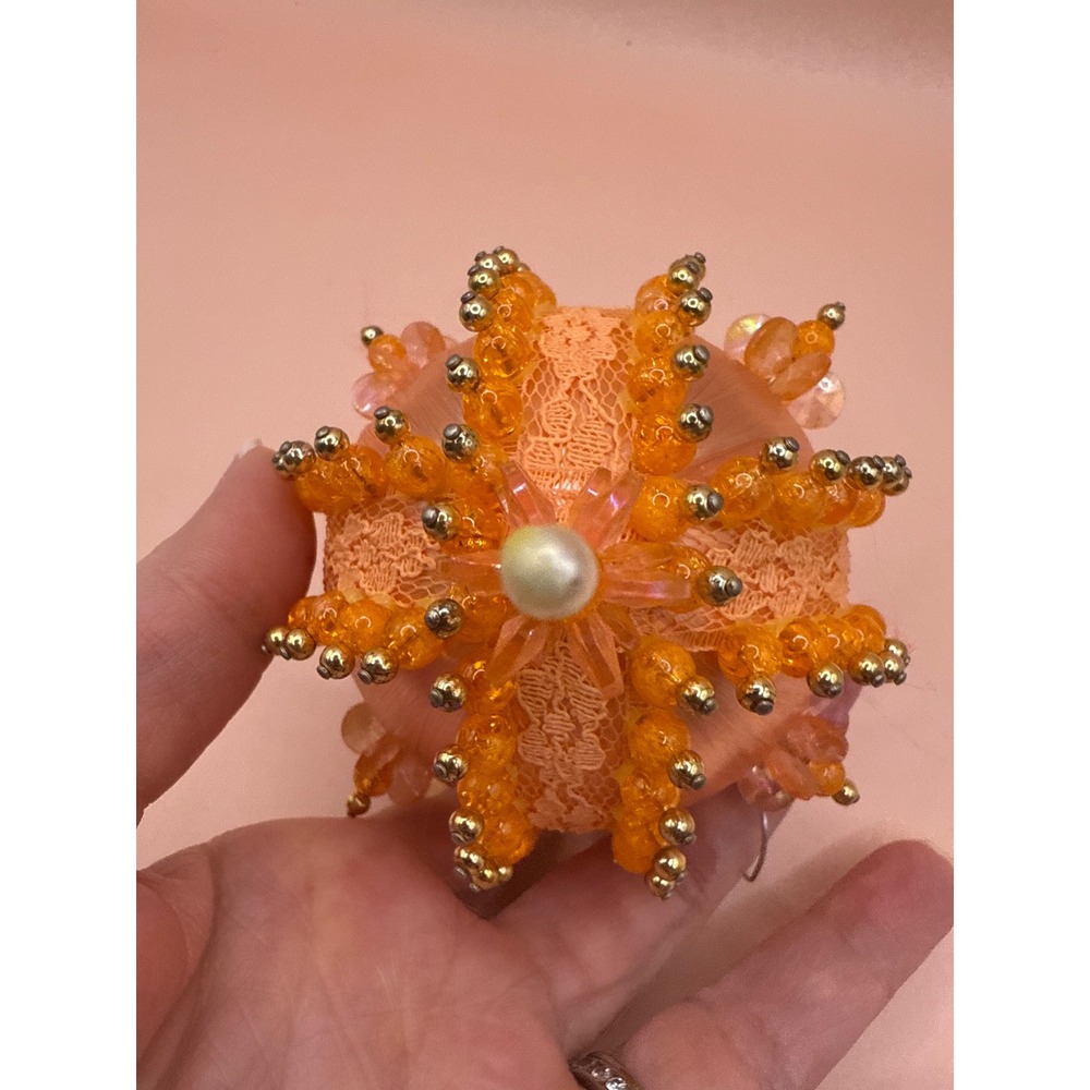 Vintage Handmade Beaded Push Pin Christmas Ornament Peach Satin Pearl - Picture 10 of 12